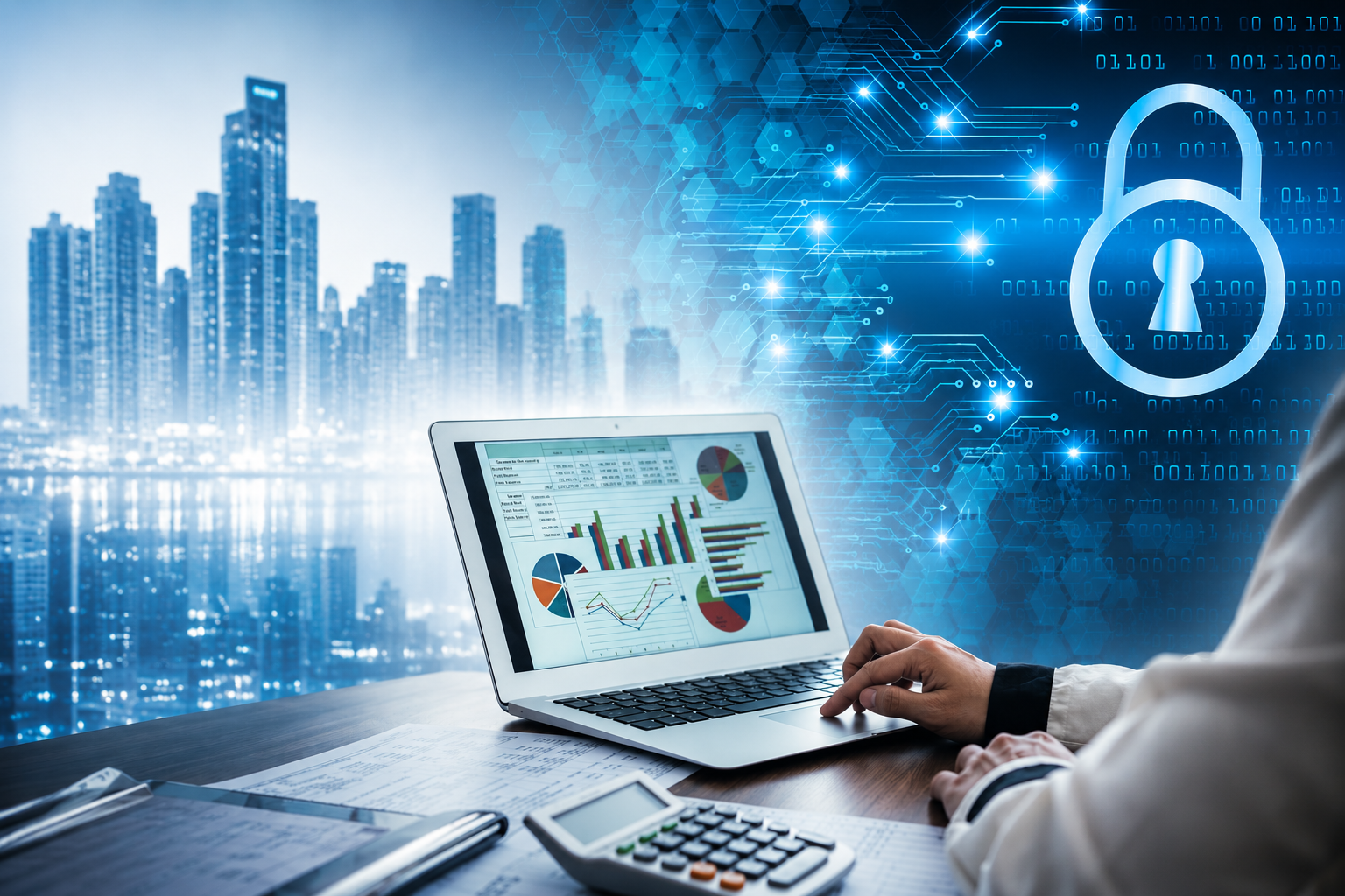 Laptop displaying financial charts and graphs with a city skyline and cybersecurity lock and circuit overlay
